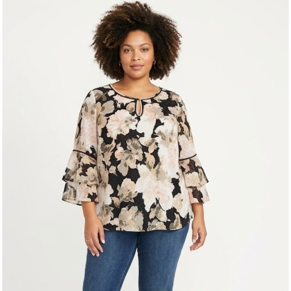 Isaac Mizrahi Blouse size 16 Floral Swiss Dot‎ Ruffle Sleeve Key Hole Detail Top